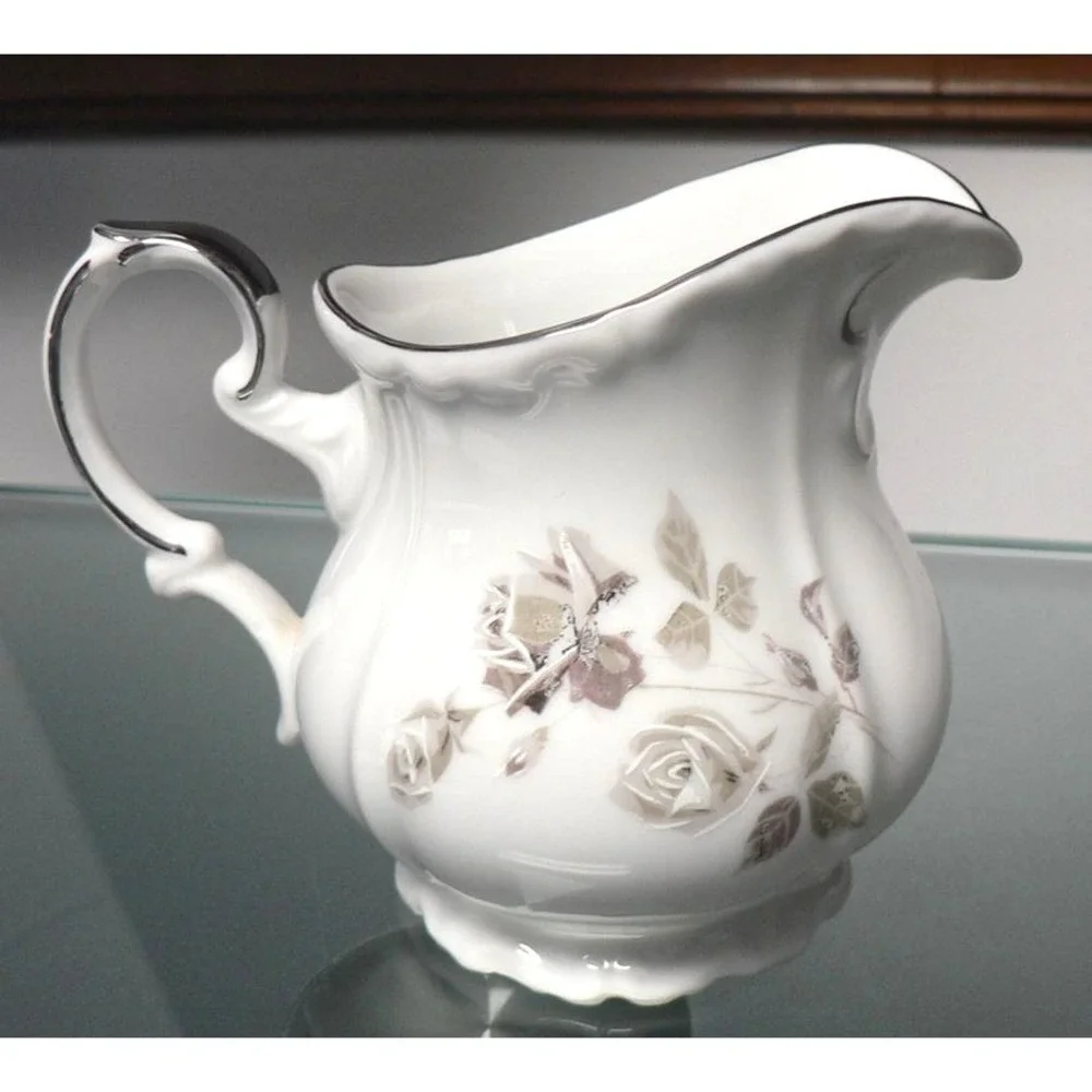 Vintage Edelstein Bavaria Maria Theresia Creamer in Gray Rose with Platinum Trim
